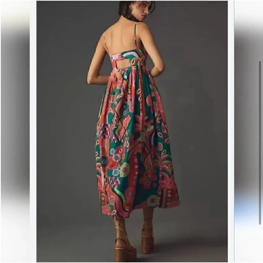 NEW Farm Rio x Anthropologie Pleated Palm Cutout Midi Dress Medium - Picture 4 of 8